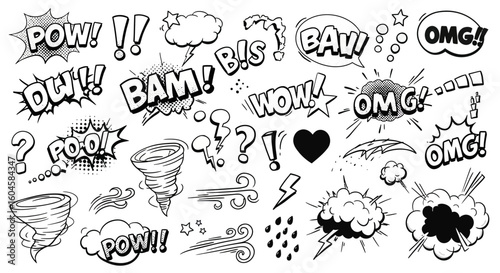 Collection of Comic Book Sound Effects and Weather Symbols Depicting Action and Impact