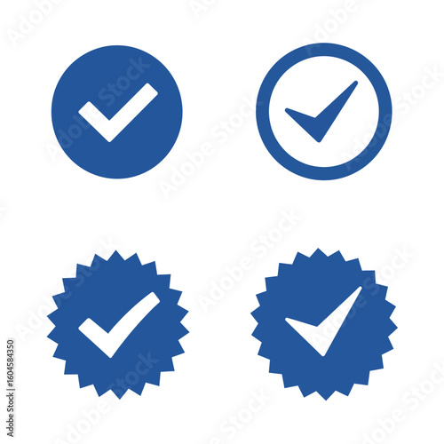 Collection of Verified Checkmarks in Blue Circular and Starburst Shapes Representing Approval and Confirmation Icons for Digital Interfaces and Systems