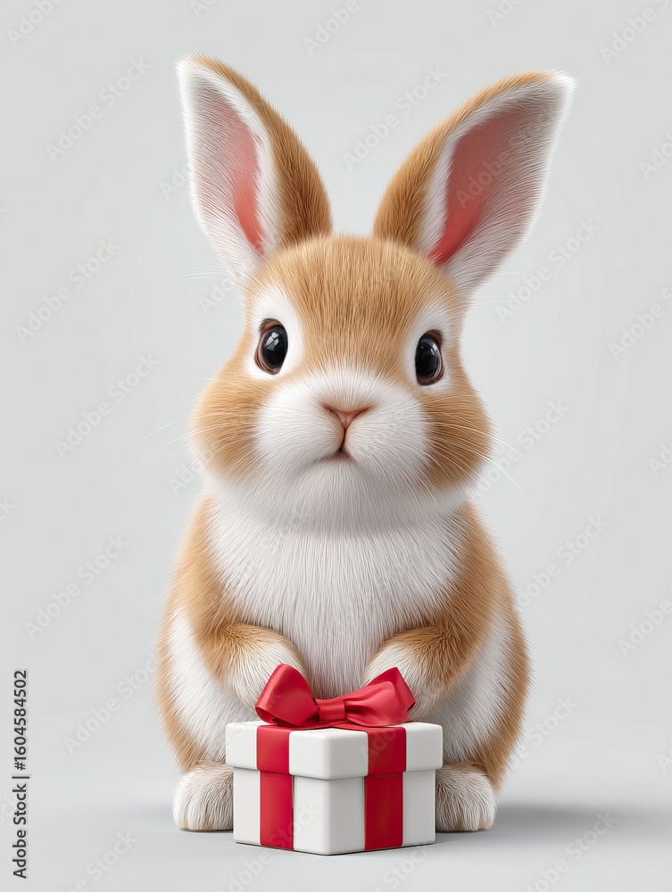 Obraz premium Charming bunny holding a present with a red bow on a simple white backdrop