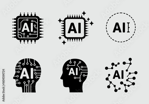 Artificial Intelligence Icons Representing Machine Learning Neural Networks and Brain Functionality for Digital Innovation