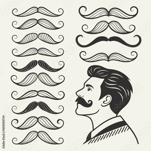 Collection of Vintage Gentleman Mustaches and a Man's Portrait Demonstrating Facial Hair Styles for Men's Grooming and Fashion