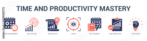Time and Productivity Mastery Modern and clean web banner illustration featuring thematic icons for visual communication