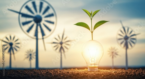 Renewable energy theme showing bright light bulb planted in ground sprouting green plant and rotating windmills.