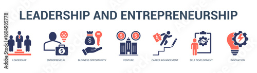 Leadership and Entrepreneurship Modern and clean web banner illustration featuring thematic icons for visual communication