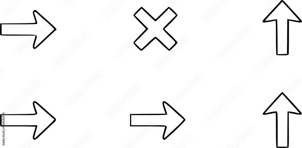 Collection of hand-drawn directional and action icons including arrows and a cross symbol on a plain background with copy space
Collection of hand-drawn directional and action icons including arrows and a cross symbol on a plain background with copy space