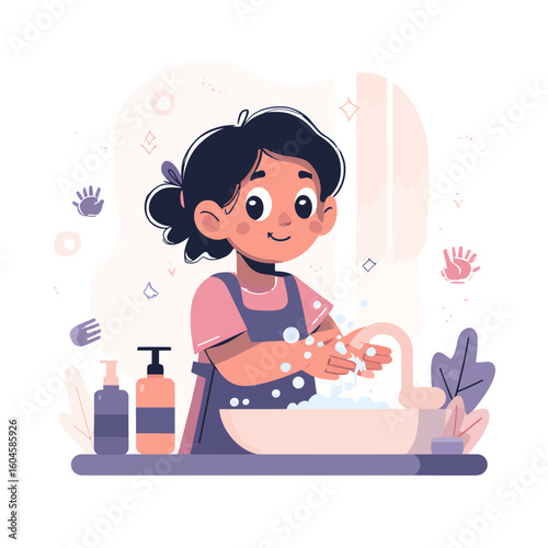 A young girl with dark hair washes her hands with soap and water in a bathroom sink, promoting hygiene.