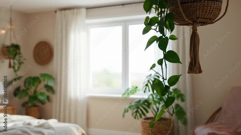 Hanging woven planter with trailing greenery in a light-filled room