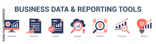 Business Data and Reporting Tools Modern and clean web banner illustration featuring thematic icons for visual communication