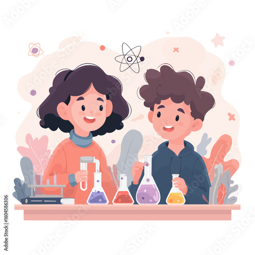 Two smiling children conducting a science experiment with colorful liquids and glassware.