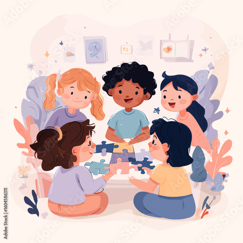 A group of diverse children happily assembling a colorful jigsaw puzzle together, sharing smiles.