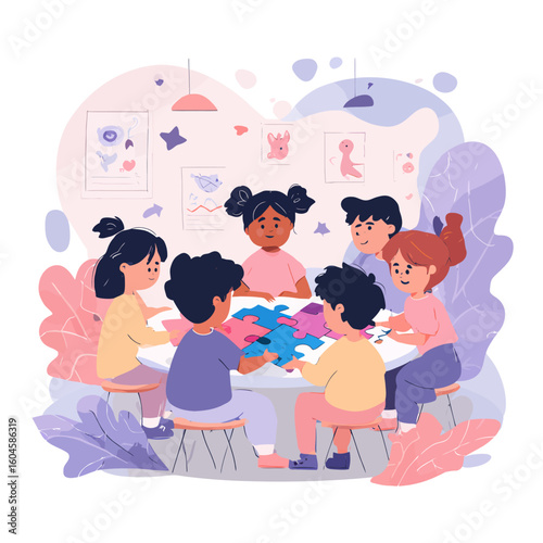 A group of diverse children are sitting around a white table, working together to assemble a colorful jigsaw puzzle.