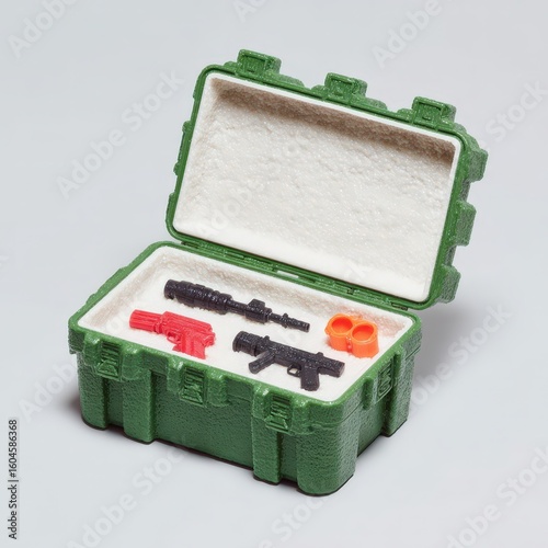 Tactical weapon crate opened with contents arranged