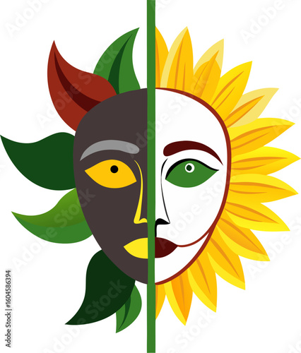A theatrical mask split in half — one side a sunflower in full bloom, the other side wilted or faded.