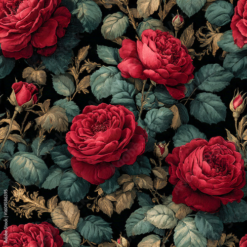 Dark Moody Seamless Floral Pattern with Deep Red Roses