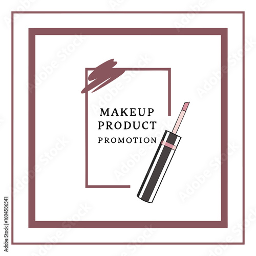 Makeup product promotion design with a lip gloss applicator and a square border in a minimalist style