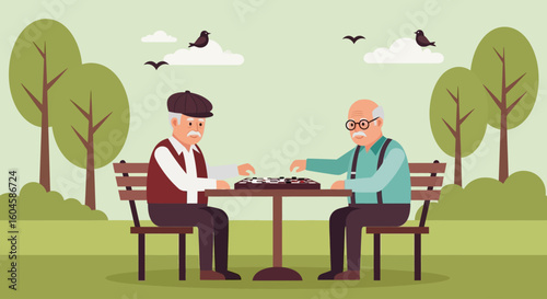 Two elderly friends celebrate National Senior Citizens Day playing checkers on a park bench in a summer illustration.