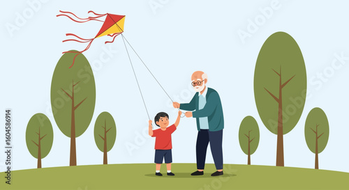 Happy National Senior Citizens Day celebration with a grandfather and his grandson flying a kite together in the park.