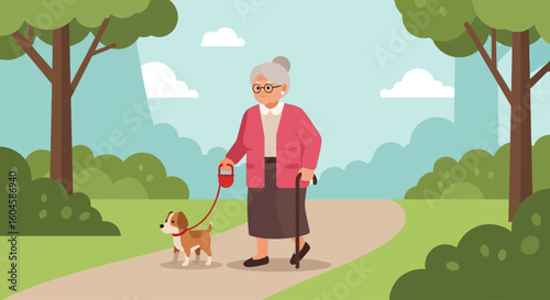 A happy elderly woman celebrates National Senior Citizens Day by taking her dog for a peaceful walk in the park.