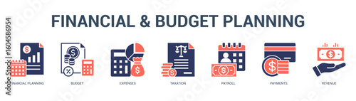 Financial and Budget Planning Modern and clean web banner illustration featuring thematic icons for visual communication