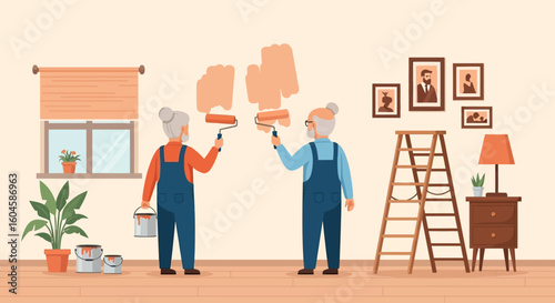 Celebrating National Senior Citizens Day Elderly Couple Enjoying Home Renovation, Painting the Wall Together