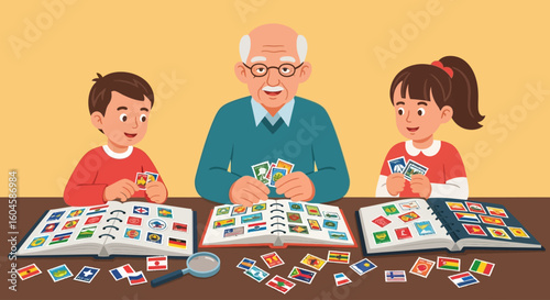 A grandfather shares his stamp collection hobby with his grandson and granddaughter, looking at stamps in albums.