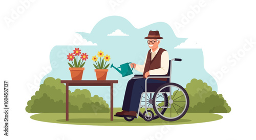 Elderly man in a wheelchair tending to flowers in a garden setting.