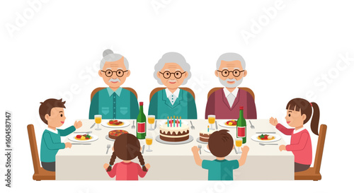 Grandparents and grandchildren enjoying a birthday dinner together at a table.