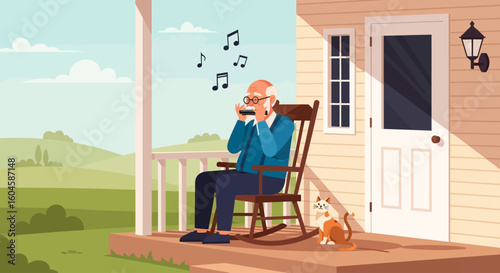 Elderly man playing harmonica on a porch, enjoying a peaceful rural scene with cats.