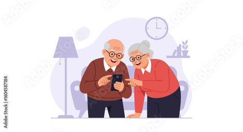 Celebrating national senior citizens day, a happy elderly couple explores modern technology on a smartphone at home.