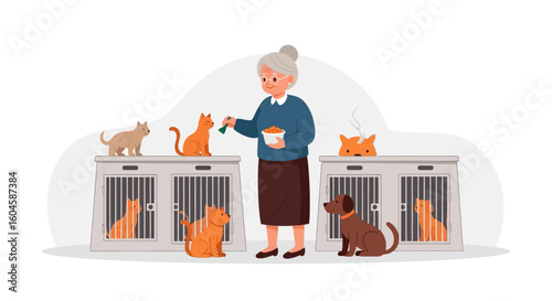 Celebrating National Senior Citizens Day A heartwarming illustration of elderly woman caring for animals at an animal shelter.