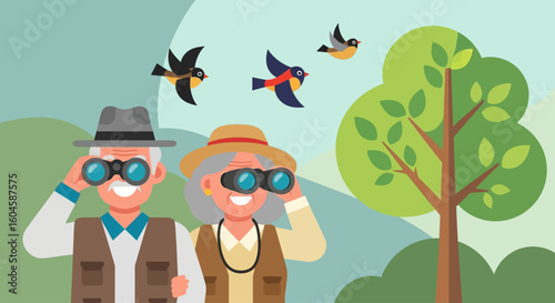 Embracing National Senior Citizens Day An active couple enjoys birdwatching, highlighting how seniors lead fulfilling lives outdoors.