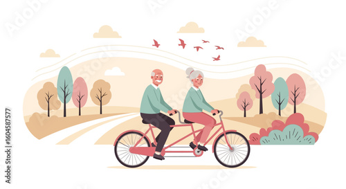 Happy senior citizens celebrating their national day with a tandem bicycle ride through a beautiful scenic park.
