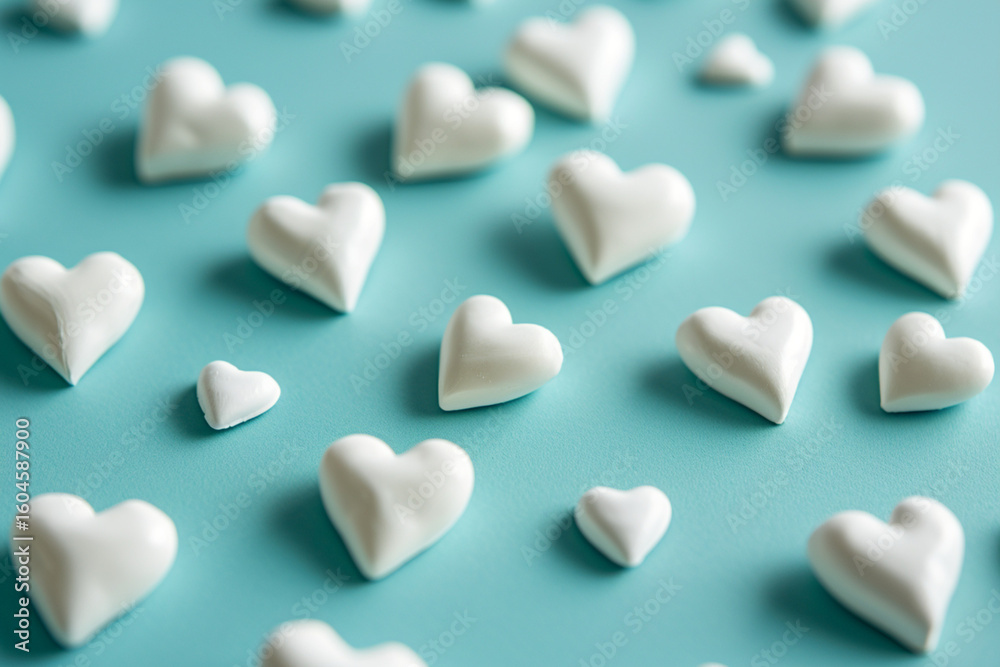 White plastic hearts of various sizes on solid blue background, minimal romantic decoration, flat lay
White plastic hearts of various sizes on solid blue background, minimal romantic decoration, flat lay