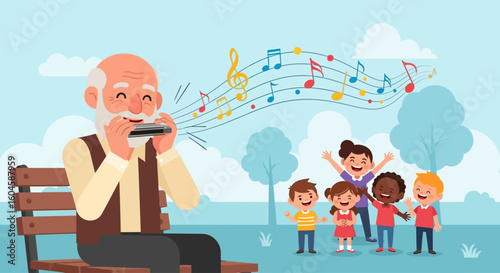 National Senior Citizens Day A senior plays harmonious music for happy children, fostering intergenerational bonds.