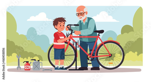 Grandfather teaches grandson to fix a bike, celebrating National Senior Citizens Day with family bonding and learning.
