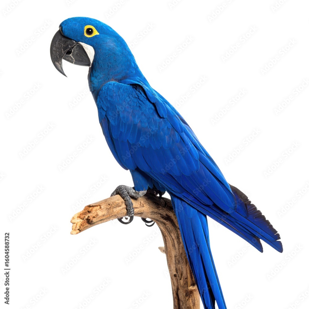 Obraz premium A vibrant blue hyacinth macaw perched on a branch isolated on white background isolated on transparent background