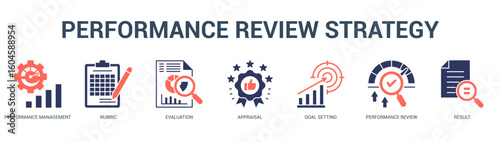 Performance Review Strategy Modern and clean web banner illustration featuring thematic icons for visual communication