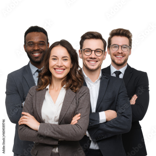 Smiling Business Team Standing Together in a Row with Confident Expressions and Professional Attire Isolated on White Background