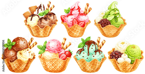 アイスクリームとソフトクリームのサンデーの彩ベクターイラストセット  バニラ/チョコレート/ストロベリー/抹茶/チョコミント