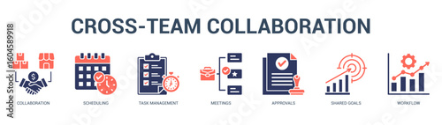 CrossTeam Collaboration Modern and clean web banner illustration featuring thematic icons for visual communication