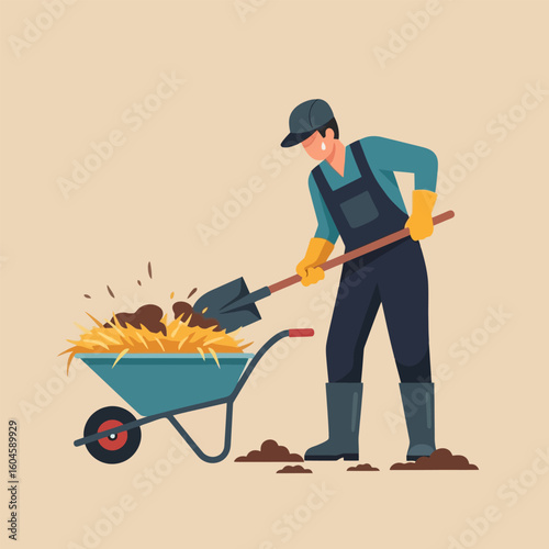 Worker Shoveling Fertilizer Into Wheelbarrow on Farm Land Illustration