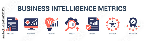 Business Intelligence Metrics Modern and clean web banner illustration featuring thematic icons for visual communication