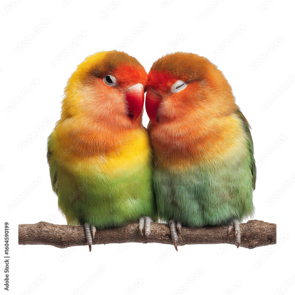 Obraz premium Cute Tiny Lovebirds Cuddling on Branch Isolated Against White Background for Romantic and Nature-themed Projects