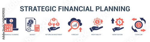 Strategic Financial Planning Modern and clean web banner illustration featuring thematic icons for visual communication