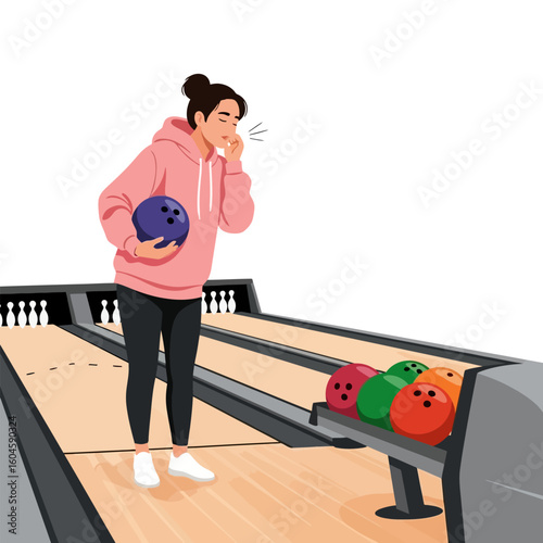 Woman Preparing to Bowl Holding a Ball in a Bowling Alley