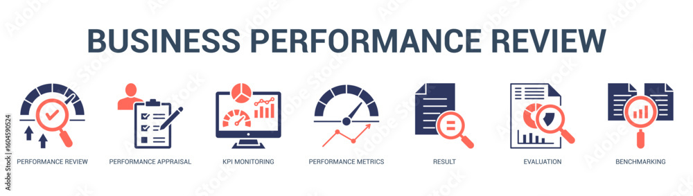 Business Performance Review Modern and clean web banner illustration featuring thematic icons for visual communication Business Performance Review Modern and clean web banner illustration featuring thematic icons for visual communication