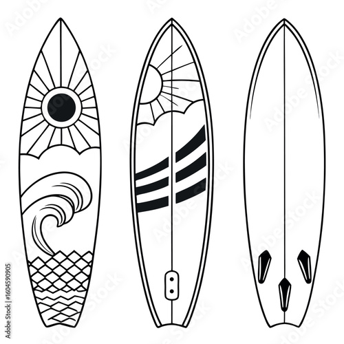 Three surfboards are displayed with varying sun wave and stripe outlines on a transparent background