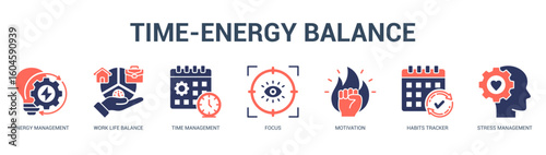 TimeEnergy Balance Modern and clean web banner illustration featuring thematic icons for visual communication