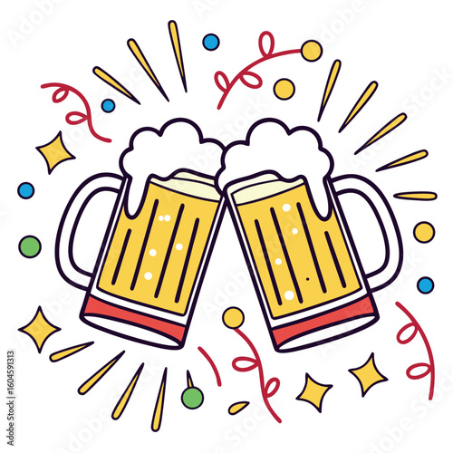 Two cartoon beer mugs are toasting with colorful decorations against a white background