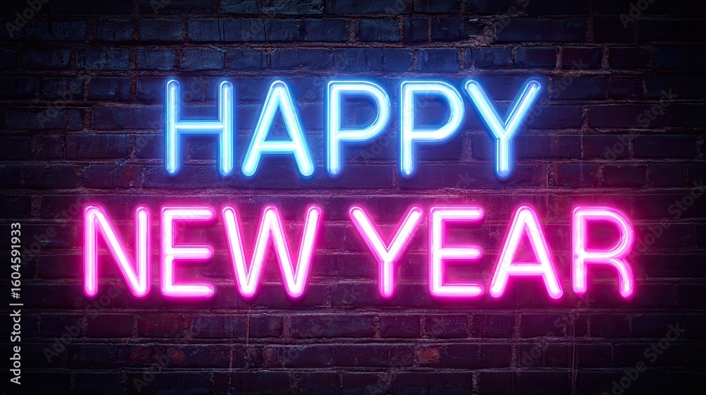Obraz premium Neon Happy New Year on brick wall